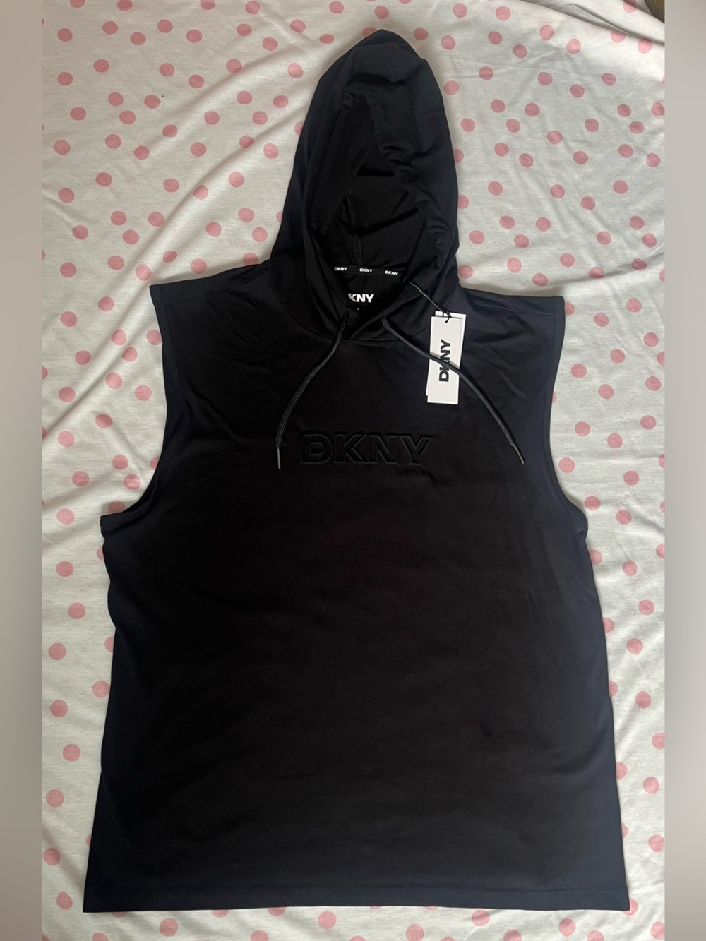 DKNY Men's Black M Sleeveless Pullover Hoodie Logo Drawstring top